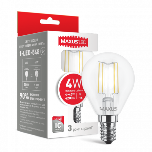 LED лампа MAXUS (filam), G45, 4W, яркий свет,E14 (1-LED-548) 000118649
