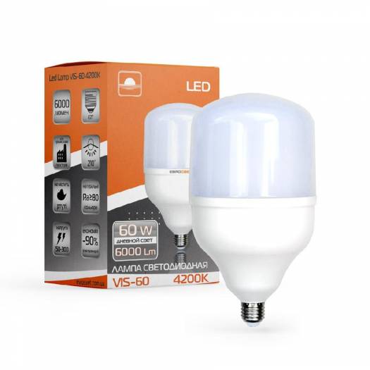 Лампа светодиодная высокомощная ЕВРОСВЕТ 60Вт 4200К (VIS-60-E27) 000124012