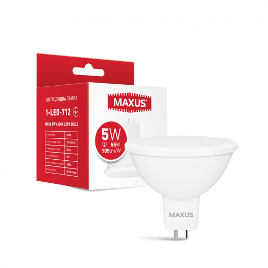 Лампа светодиодная MAXUS 1-LED-712 MR16 5W 4100K 220V GU5.3 (1-LED-712) 000118787