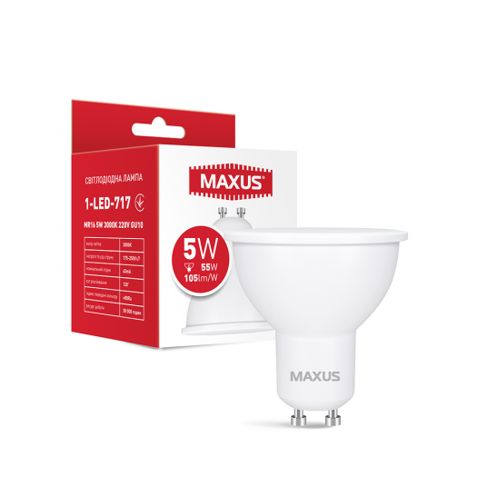 Лампа светодиодная MAXUS 1-LED-717 MR16 5W 3000K 220V GU10 (1-LED-717) 000118782