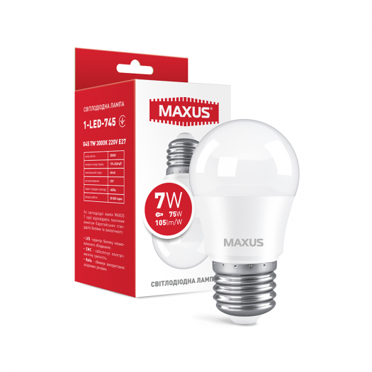 Лампа светодиодная MAXUS 1-LED-745 G45 7W 3000K 220V E27 (1-LED-745) 000118792