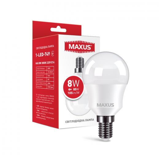 Лампа светодиодная MAXUS 1-LED-749 G45 8W 3000K 220V E14 (1-LED-749) 000118791