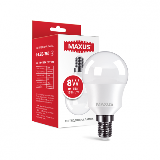 Лампа светодиодная MAXUS 1-LED-750 G45 8W 4100K 220V E14 000122322
