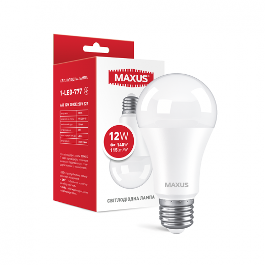 Лампа светодиодная MAXUS 1-LED-777 A60 12W 3000K 220V E27 (1-LED-777) 000118796