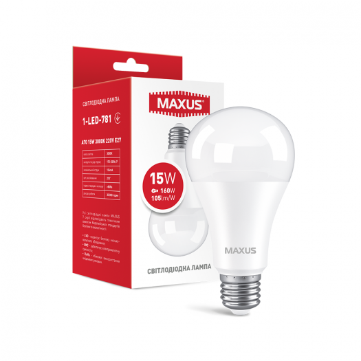 Лампа светодиодная MAXUS 1-LED-781 A70 15W 3000K 220V E27 (1-LED-781) 000118798