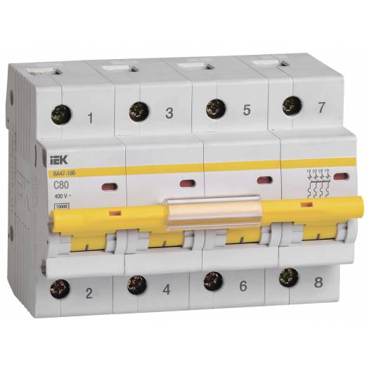 Автоматический выключатель ВА47-100, 4Р, 80А, 10 кА, характеристика C, IEK (Арт. MVA40-4-080-C) 000028989