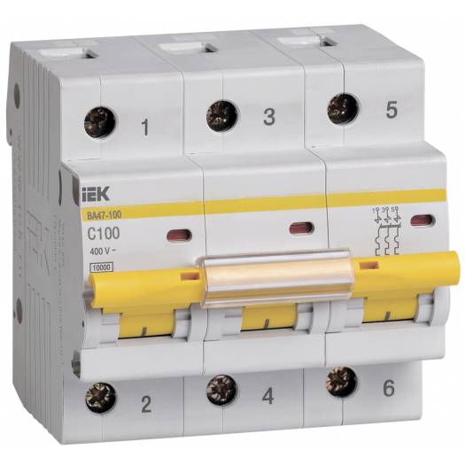 Автоматический выключатель ВА47-100, 3Р, 100А, 10 кА, характеристика C, IEK (Арт. MVA40-3-100-C) 000028980