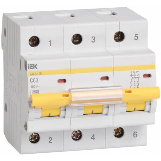 Автоматический выключатель ВА47-100, 3Р, 63А, 10 кА, характеристика C, IEK (Арт. MVA40-3-063-C) 000028978