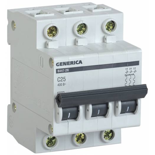 Автоматический выключатель ВА47-29 3Р, 25А, 4,5кА, х-ка, C, GENERICA (Арт. MVA25-3-025-C) 000040333
