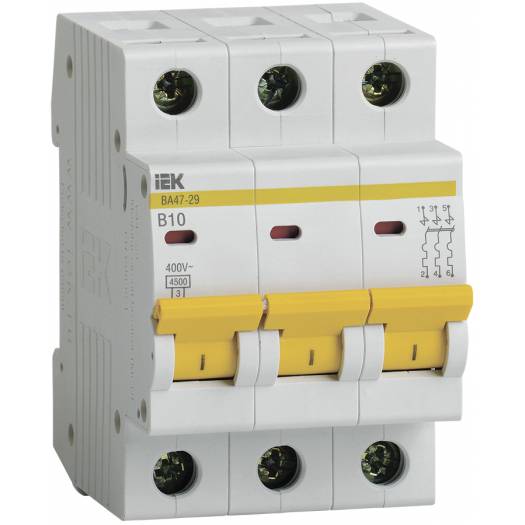 Автоматический выключатель ВА47-29, 3P, 10А, 4,5кА, характеристика B, IEK (Арт. MVA20-3-010-B) 000028636