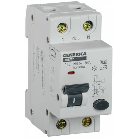 АВДТ 32 C40 - Автоматический выключатель дифференциального тока, GENERICA (Арт. MAD25-5-040-C-30) 000040355