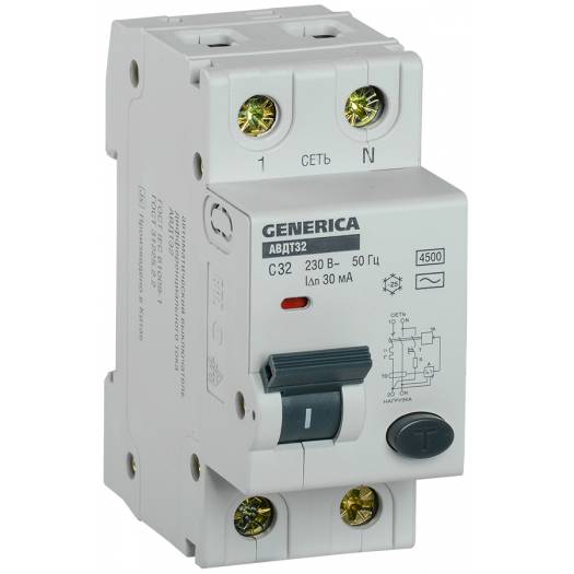 АВДТ 32 C32 - Автоматический выключатель дифференциального тока, GENERICA (Арт. MAD25-5-032-C-30) 000040354