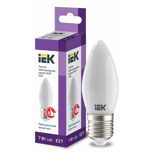 Лампа LED C35 свеча матовая 7Вт, 230В, 4000К, E27 серия 360°, IEK (Арт. LLF-C35-7-230-40-E27-FR) 000053198