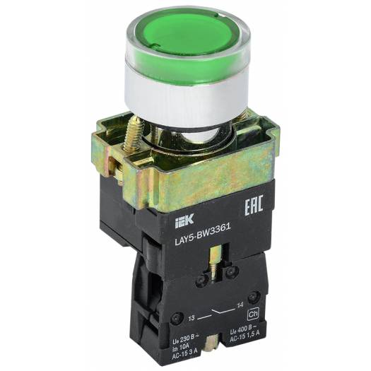 Кнопка управления LAY5-BW3361 с подсветкой зеленая, 1з, IEK (Арт. BBT50-BW-K06) 000032226