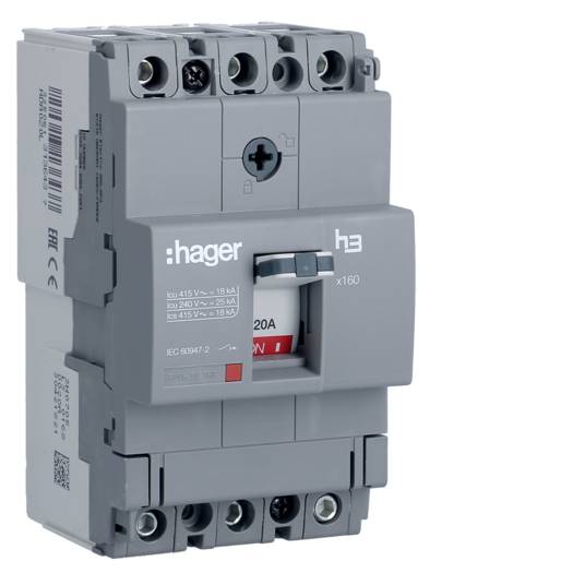 Шкафной автоматический выключатель Hager x160, In=20А, 3п, 18kA, Тфикс./Мфикс. (Арт. HDA020L) 000024061