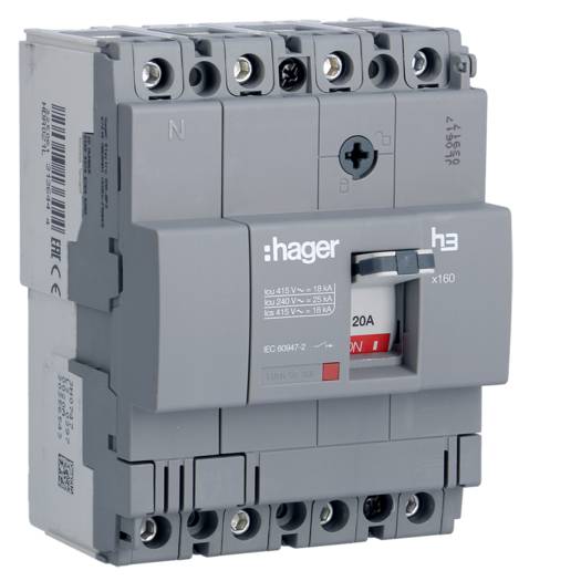 Шкафной автоматический выключатель Hager x160, In=20А, 4п, 18kA, Тфикс./Мфикс. (Арт. HDA021L) 000024072