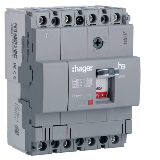 Шкафной автоматический выключатель Hager x160, In=50А, 4п, 18kA, Тфикс./Мфикс. (Арт. HDA051L) 000024076