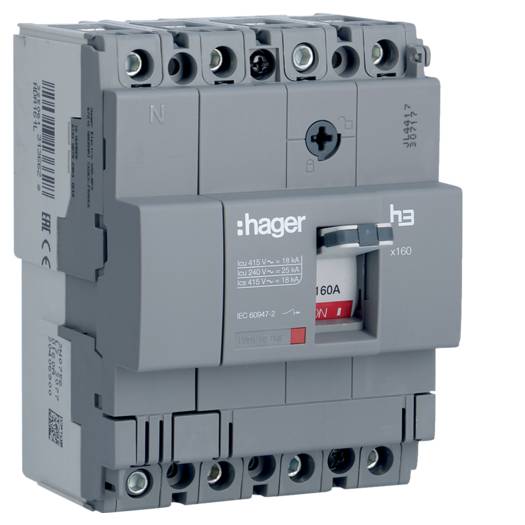 Шкафной автоматический выключатель Hager x160, In=160А, 4п, 18kA, Тфикс./Мфикс. (Арт. HDA161L) 000024081
