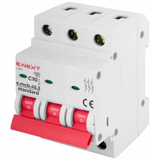 Модульний автоматичний вимикач e.mcb.stand.45.3.C10, 3р, 10А, C, 4,5 кА 000001701