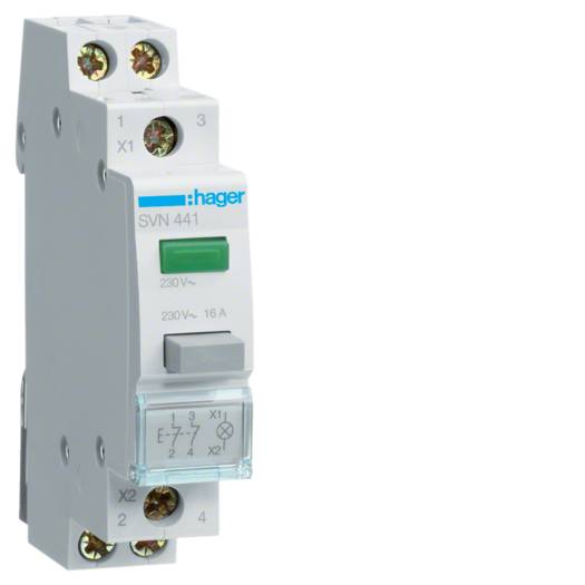 Выключатель кнопочный обратный Hager с зеленым индикатором 230В/16А, 2НЗ, 1м (Арт. SVN441) 000024950