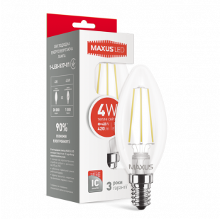 Лампа светодиодная филаментная MAXUS, C37, 4W, теплый свет,E14 (1-LED-537-01)