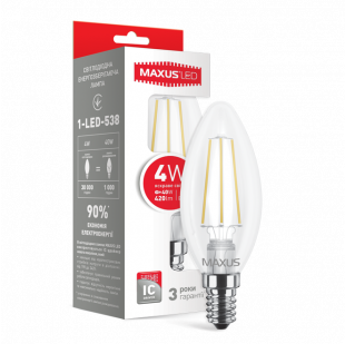 Купити Лампа светодиодная филаментная MAXUS, C37, 4W, яркий свет, E14 (1-LED-538-01) 62,00 грн