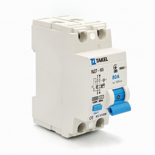 Вимикач диференційних струмів ВДТ-63 2Р 300мА 80А, TAKEL 000161861