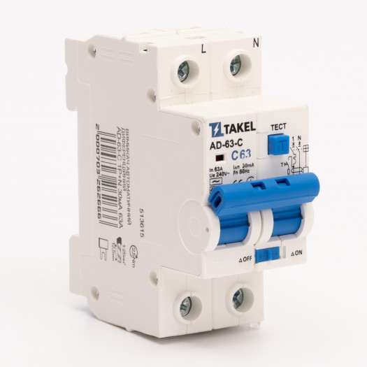 Вимикач автоматичний диференційний AD-63-С 1Р+N 30мА 63А, TAKEL 000157913