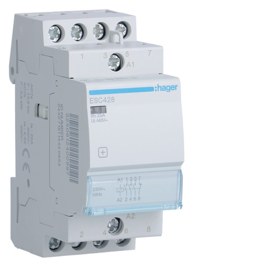 Контактор Hager 25A, 3НО+1НЗ, 230В, 2м (Арт. ESC428) 000024497